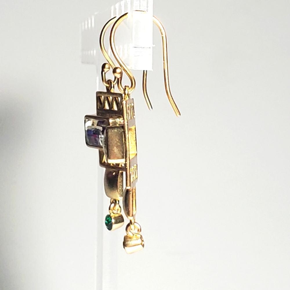 Amrapali 14k Gold Plated Drop Earrings Sky-blue Dark Green Chaton-cut Crystals - Picture 3 of 7